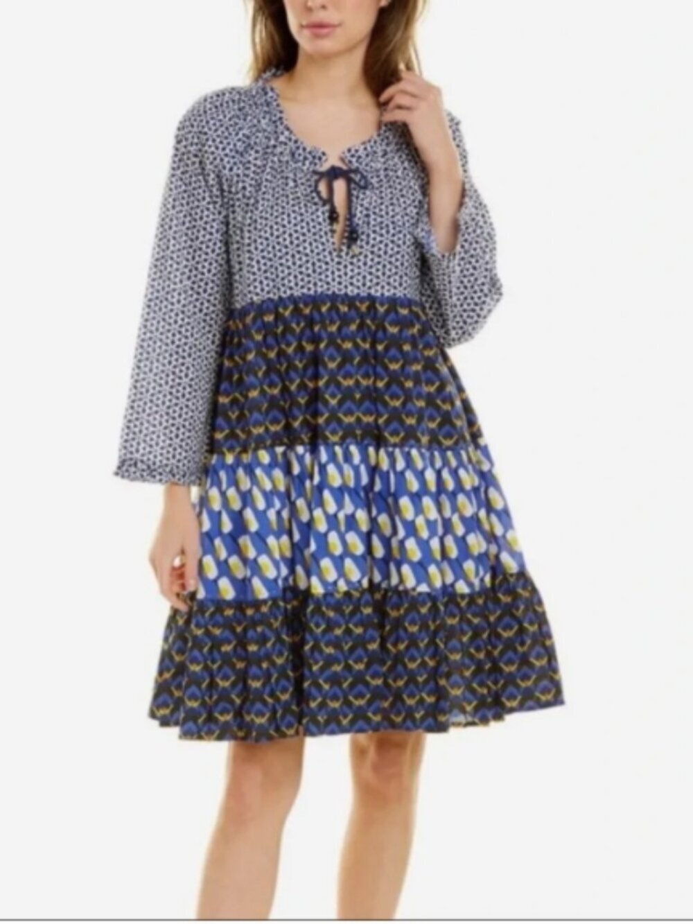 Ro's Garden Sonia Mixed Print Tiered Block Print Dress Tassel Boho Cotton